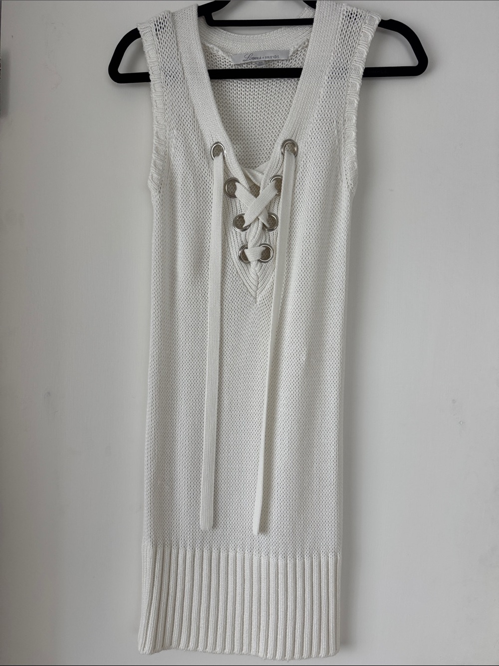 Lovers & Friends. White Lace-Up Sleeveless Sweater Dress